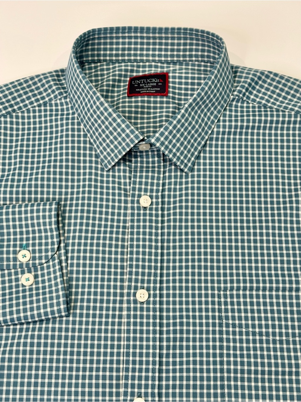 UNTUCKit Men's XXL Slim Fit Persan Long Sleeve Button Down Teal White Plaid